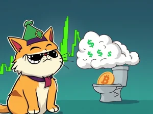 A whimsical cartoon cat, representing Troller Cat, observing a massive crypto surge on a digital chart, contrasting with a humorous Fartcoin symbol, illustrating the meme coin market dynamics.