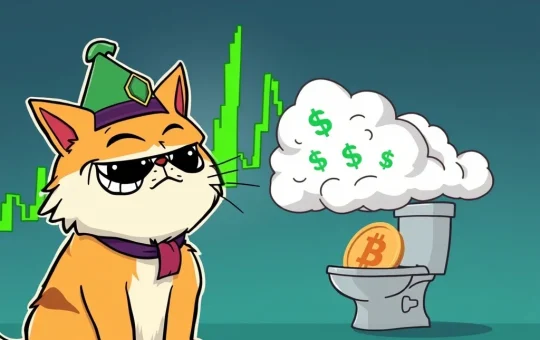 A whimsical cartoon cat, representing Troller Cat, observing a massive crypto surge on a digital chart, contrasting with a humorous Fartcoin symbol, illustrating the meme coin market dynamics.
