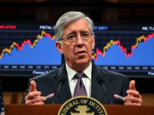 Jerome Powell discussing Fed interest rates amid inflation and crypto market reactions