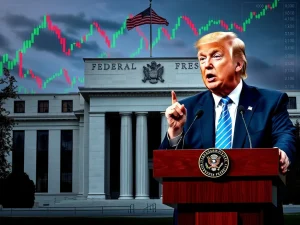 Federal Reserve Chair Jerome Powell and President Trump debate interest rates with crypto markets in the background.