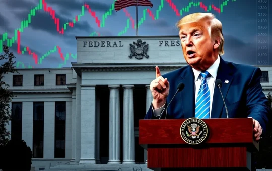 Federal Reserve Chair Jerome Powell and President Trump debate interest rates with crypto markets in the background.
