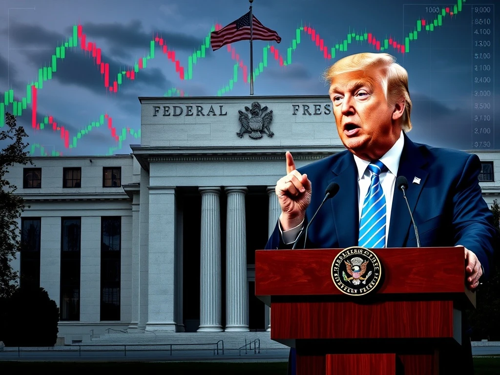 Federal Reserve Chair Jerome Powell and President Trump debate interest rates with crypto markets in the background.