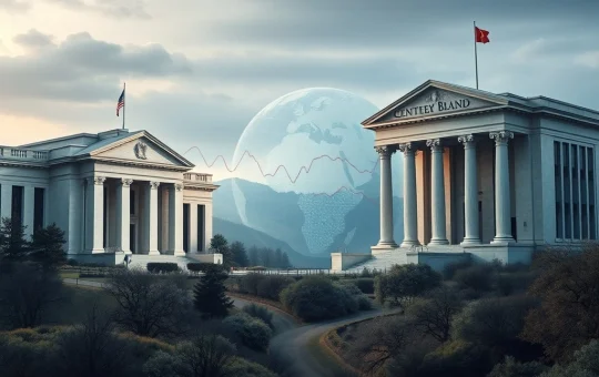 A visual representation of global central banks, including the Federal Reserve and ECB, navigating complex Fed rates and Trump tariffs, impacting the cryptocurrency market.