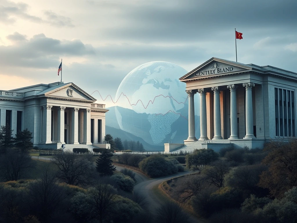 A visual representation of global central banks, including the Federal Reserve and ECB, navigating complex Fed rates and Trump tariffs, impacting the cryptocurrency market.
