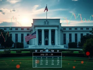 Visual representation of the Federal Reserve building, economic charts, and US-China trade symbols, conveying the crucial market impact of the Federal Reserve's decisions.