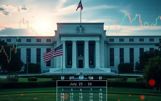 Visual representation of the Federal Reserve building, economic charts, and US-China trade symbols, conveying the crucial market impact of the Federal Reserve's decisions.