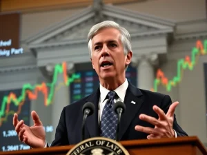 Federal Reserve Chair Jerome Powell discussing interest rates with cryptocurrency market impact