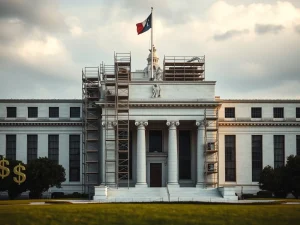The Federal Reserve building under renovation, symbolizing the controversial self-funded project and political debate over its costs.