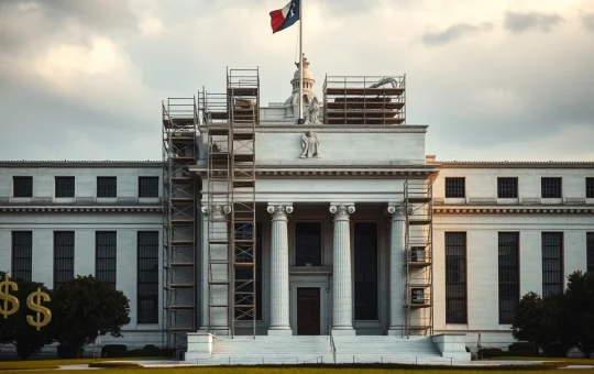 The Federal Reserve building under renovation, symbolizing the controversial self-funded project and political debate over its costs.