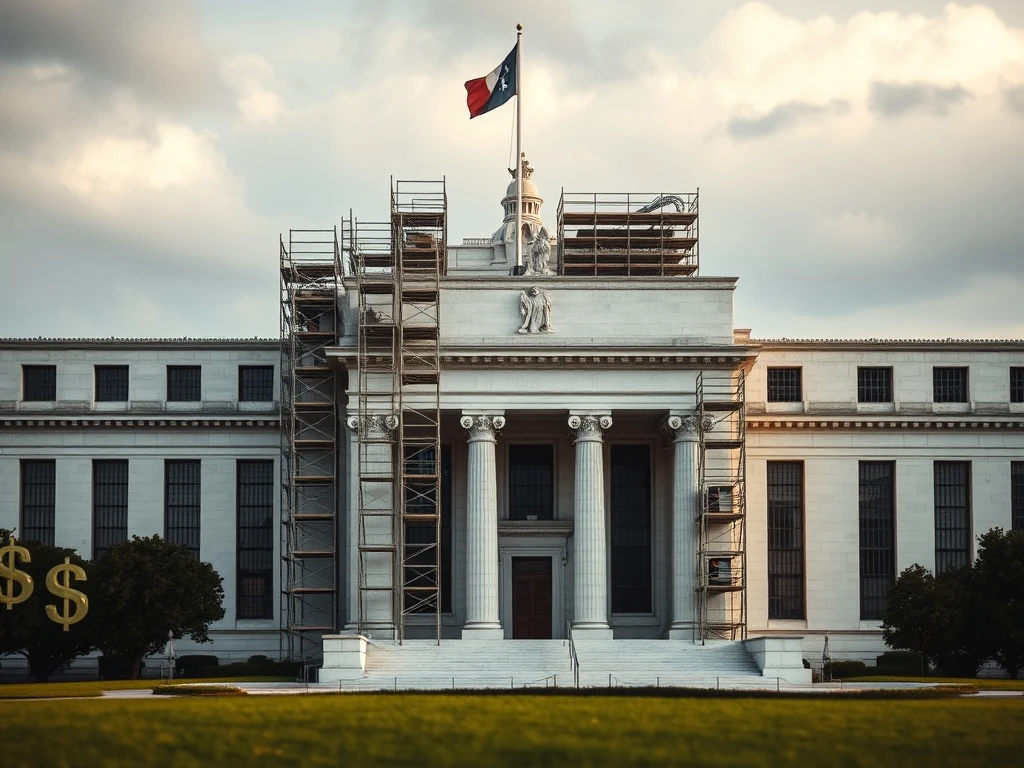 The Federal Reserve building under renovation, symbolizing the controversial self-funded project and political debate over its costs.