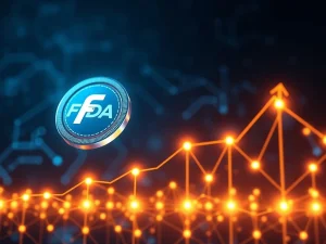 FIDA cryptocurrency token surging on a blockchain graph with glowing nodes.