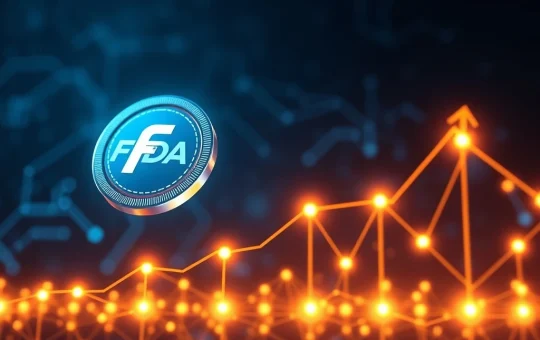 FIDA cryptocurrency token surging on a blockchain graph with glowing nodes.