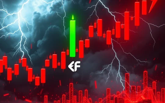 A dramatic red candlestick chart illustrating the steep decline of FIS price, symbolizing extreme crypto volatility and market turmoil.