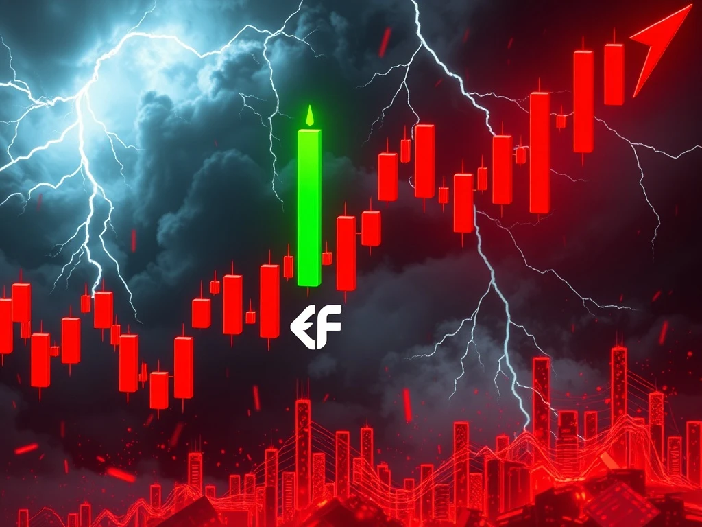 A dramatic red candlestick chart illustrating the steep decline of FIS price, symbolizing extreme crypto volatility and market turmoil.