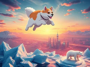 A dynamic illustration of FLOKI soaring above a crypto market, with Arctic Pablo Coin elements, symbolizing the bullish trend in the meme coin sector.