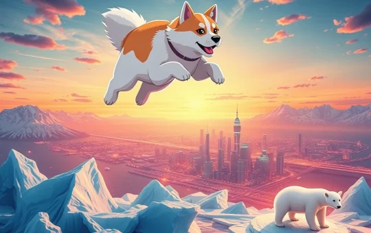 A dynamic illustration of FLOKI soaring above a crypto market, with Arctic Pablo Coin elements, symbolizing the bullish trend in the meme coin sector.