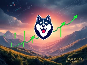 A digital illustration showing the Floki Inu dog pushing against a resistance line on a crypto chart, symbolizing the FLOKI price testing key levels.
