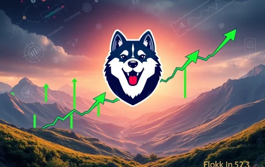 A digital illustration showing the Floki Inu dog pushing against a resistance line on a crypto chart, symbolizing the FLOKI price testing key levels.