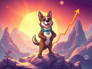 A digital representation of the Floki mascot standing on an upward trending chart, symbolizing the recent FLOKI price rebound.