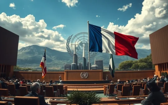 A historic diplomatic handshake under the UN emblem, symbolizing France's recognition of Palestinian statehood and its broader geopolitical impact.