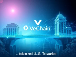 A digital bridge connecting traditional finance to blockchain, symbolizing Franklin Templeton's BENJI fund offering tokenized U.S. Treasuries on VeChain.