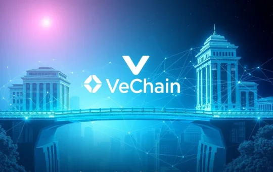 A digital bridge connecting traditional finance to blockchain, symbolizing Franklin Templeton's BENJI fund offering tokenized U.S. Treasuries on VeChain.