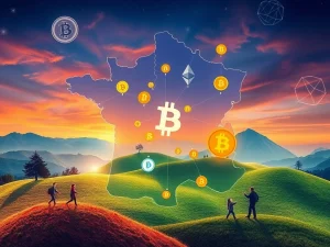 A visual representation of the revolutionary surge in French crypto adoption, depicting digital currency symbols and a map of France.