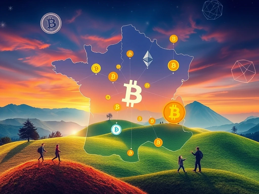 A visual representation of the revolutionary surge in French crypto adoption, depicting digital currency symbols and a map of France.