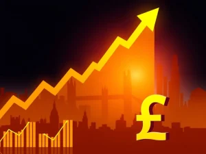 Chart showing the FTSE 100 index reaching new record highs, symbolizing strong capital inflows and market optimism in the UK.
