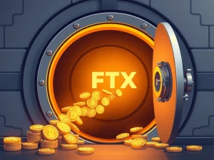 Illustration of a digital vault opening to release cryptocurrency coins, symbolizing the significant FTX creditors payout.