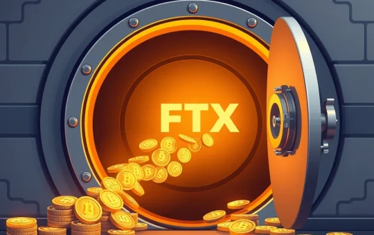 Illustration of a digital vault opening to release cryptocurrency coins, symbolizing the significant FTX creditors payout.