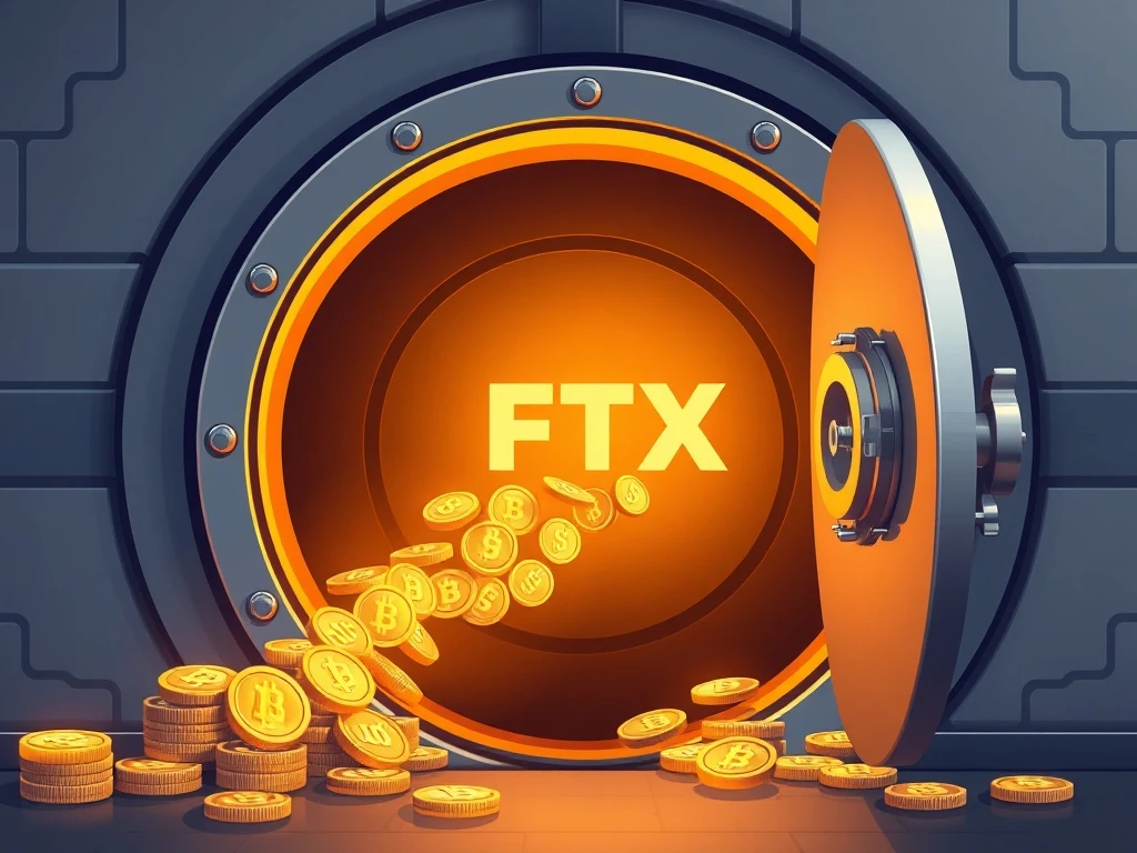 Illustration of a digital vault opening to release cryptocurrency coins, symbolizing the significant FTX creditors payout.