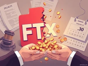 FTX Payout: Digital coins flowing from a collapsing exchange logo to symbolize the $1.9B distribution to FTX creditors after the disputed claims reserve reduction.
