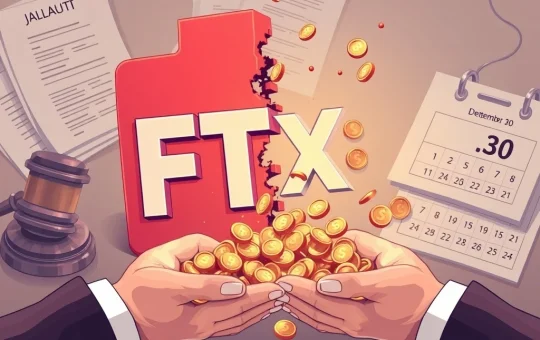 FTX Payout: Digital coins flowing from a collapsing exchange logo to symbolize the $1.9B distribution to FTX creditors after the disputed claims reserve reduction.