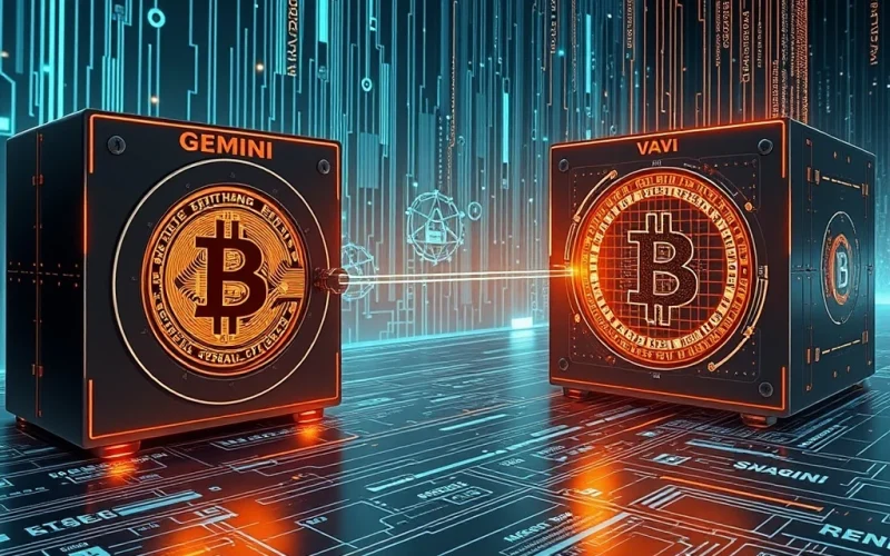 Depicts a secure digital transfer of Bitcoin, symbolizing the large Gemini BTC move and institutional strategic asset shift.