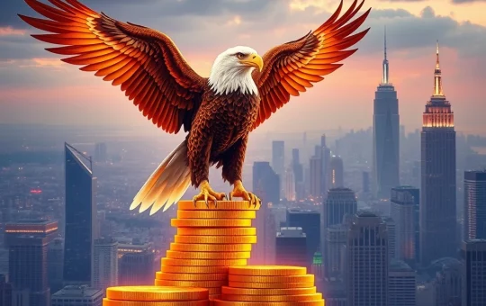 A digital eagle overlooking a stack of stablecoins, representing the revolutionary impact of the GENIUS Act on US stablecoin regulation.