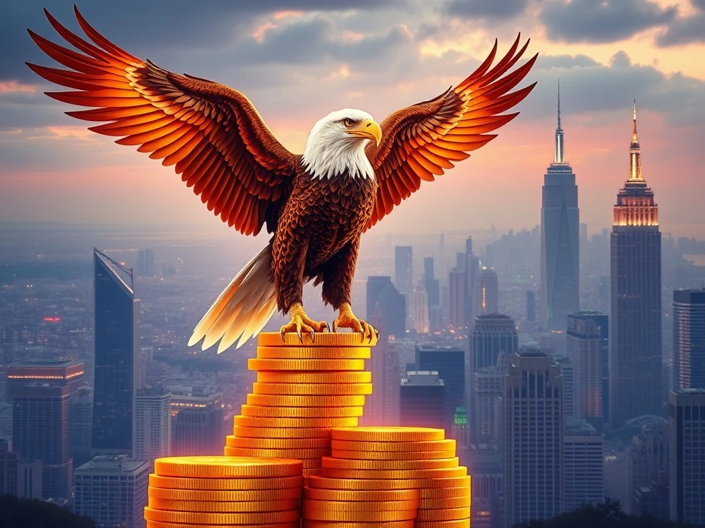 A digital eagle overlooking a stack of stablecoins, representing the revolutionary impact of the GENIUS Act on US stablecoin regulation.