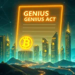 GENIUS Act fuels stablecoin surge in the crypto market with Bitcoin and Tether symbols.