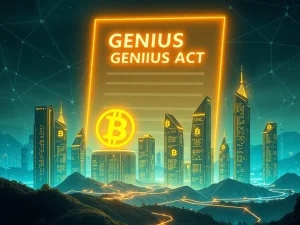 GENIUS Act fuels stablecoin surge in the crypto market with Bitcoin and Tether symbols.