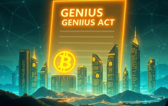 GENIUS Act fuels stablecoin surge in the crypto market with Bitcoin and Tether symbols.