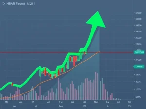 A green arrow on an HBAR price chart signifies a potential rebound from a crucial support level.