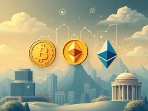Visualizing high-potential cryptocurrencies like Bitcoin, Ethereum, and Solana integrating into institutional finance, signifying strategic crypto adoption.