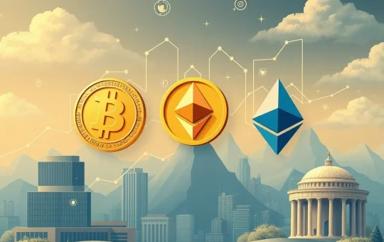 Visualizing high-potential cryptocurrencies like Bitcoin, Ethereum, and Solana integrating into institutional finance, signifying strategic crypto adoption.