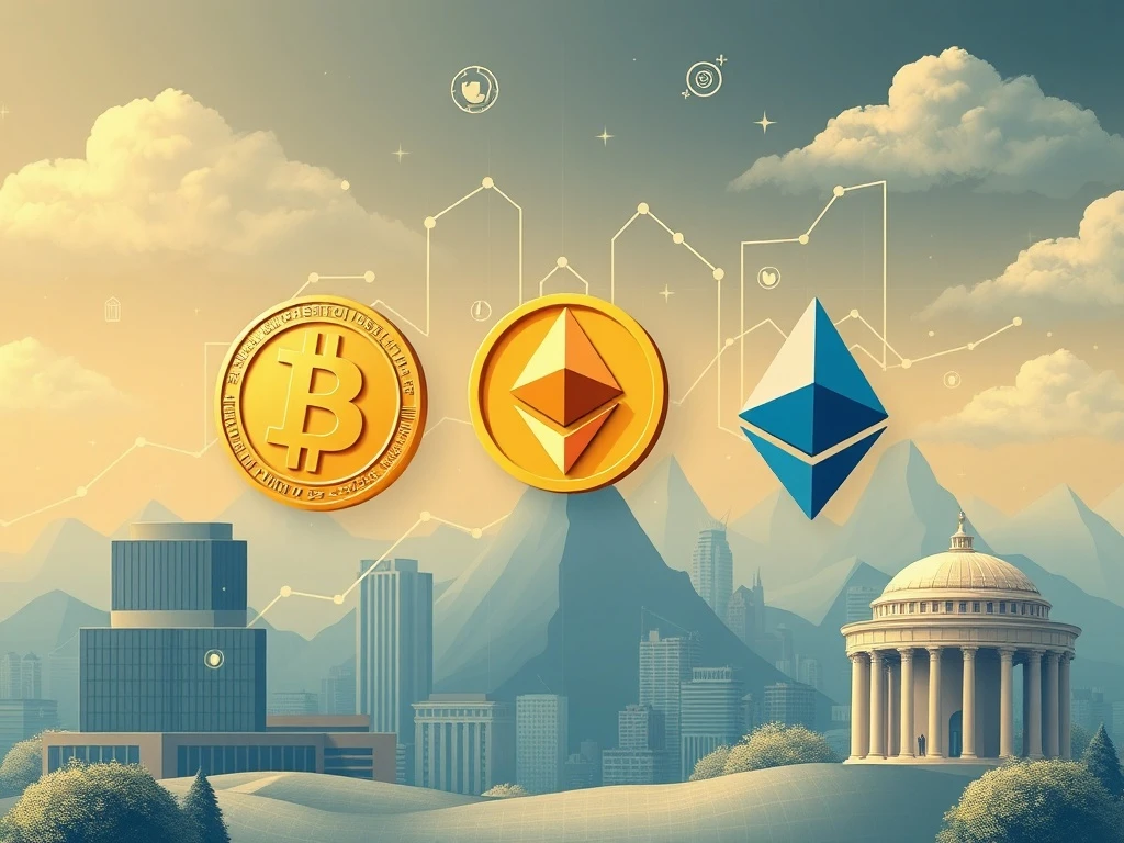 Visualizing high-potential cryptocurrencies like Bitcoin, Ethereum, and Solana integrating into institutional finance, signifying strategic crypto adoption.