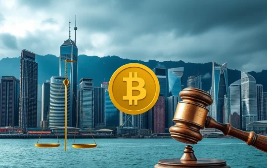 Hong Kong Crypto Law enforcement: A gavel striking down on digital currency symbols, representing the strict new stablecoin regulations.