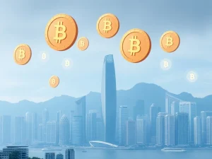Hong Kong skyline with digital stablecoin symbols representing HKMA regulation