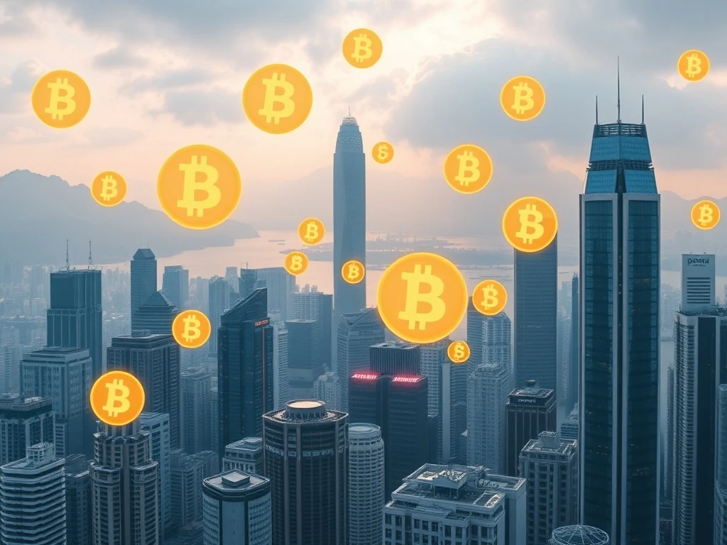 Hong Kong skyline with digital stablecoin symbols highlighting the new regulations for a secure digital asset hub.