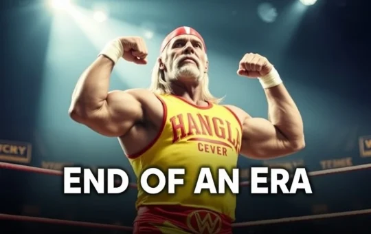 Hulk Hogan, a wrestling legend, flexing in his prime, symbolizing the end of an iconic WWE era.