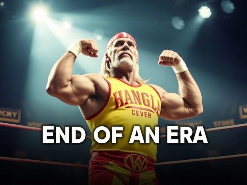 Hulk Hogan, a wrestling legend, flexing in his prime, symbolizing the end of an iconic WWE era.