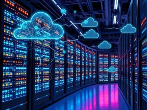 Hybrid storage solutions depicted as a robust infrastructure managing AI-driven workloads amidst a global data surge.